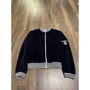 St. John Sport Jacket Womens P Navy Velour Bomber Nautical Anchor Zip Trim FLAW